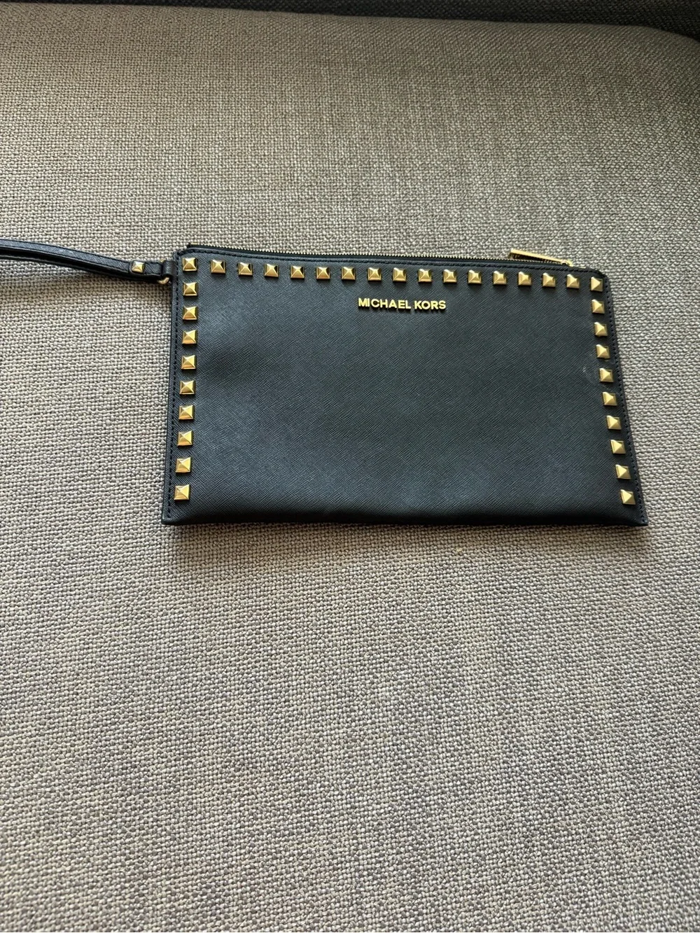 Michael Kors Black Leather Studded Gold Hardware Basic Grunge Goth Wristlet Wal